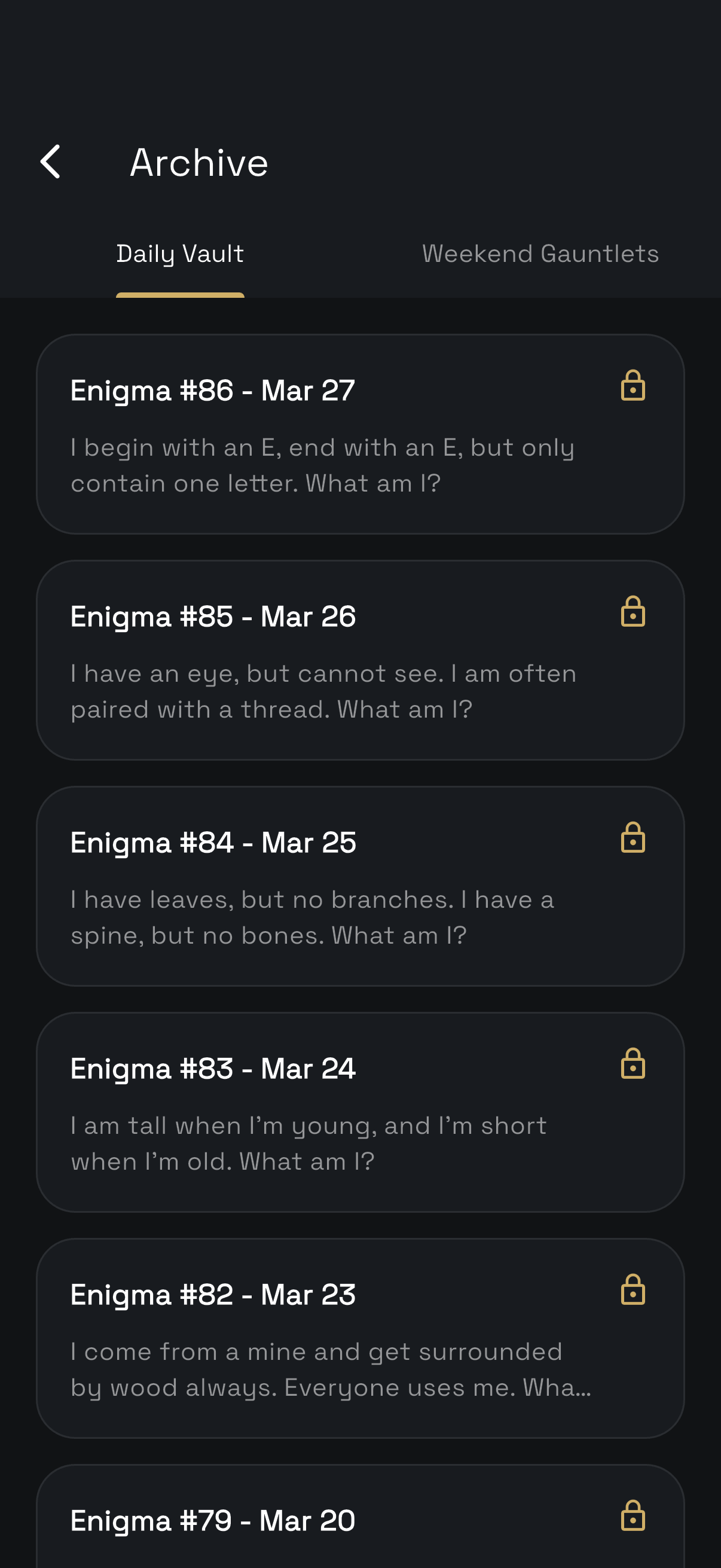 Unlock the Vault of past enigmas screen